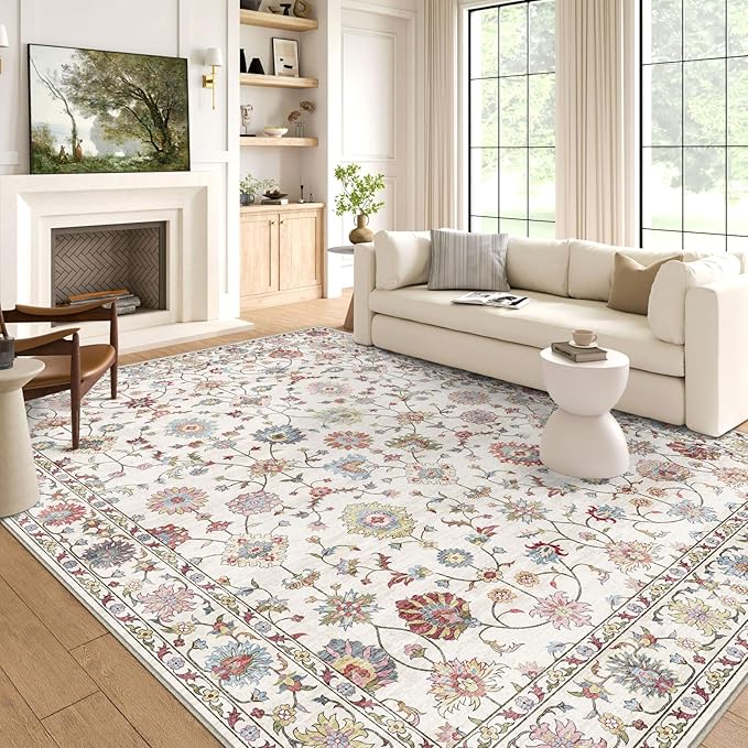 Washable Area Rug 5x8 - Boho Living Room Rug Soft Farmhouse Bedroom Rug Ultra-Thin Cream Colorful Vintage Traditional Floral Dining Room Rugs for Under Table Indoor Carpet for Living Room
