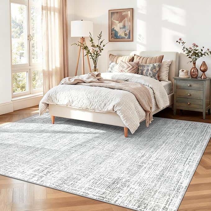 5x7 Area Rugs for Living Room, Washable Large Area Rug Neutral Modern Abstract Bedroom Rug Soft Non Slip Low Pile Stain Resistant Indoor Carpet for Nursery Kids Dining Room Office(Grey, 5'x7')