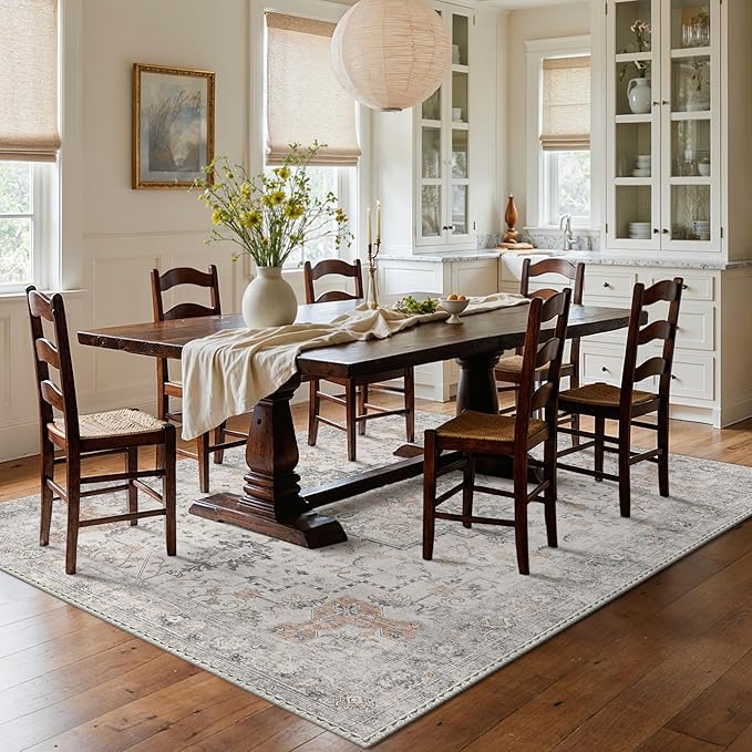 Bavni Washable Rug 8x10 Area Rug for Living Room Bedroom Dining, Washable Vintage Print Carpet, Ultra-Thin Low Pile Lightweight Rug with Non Slip Backing, Light Taupe Brown