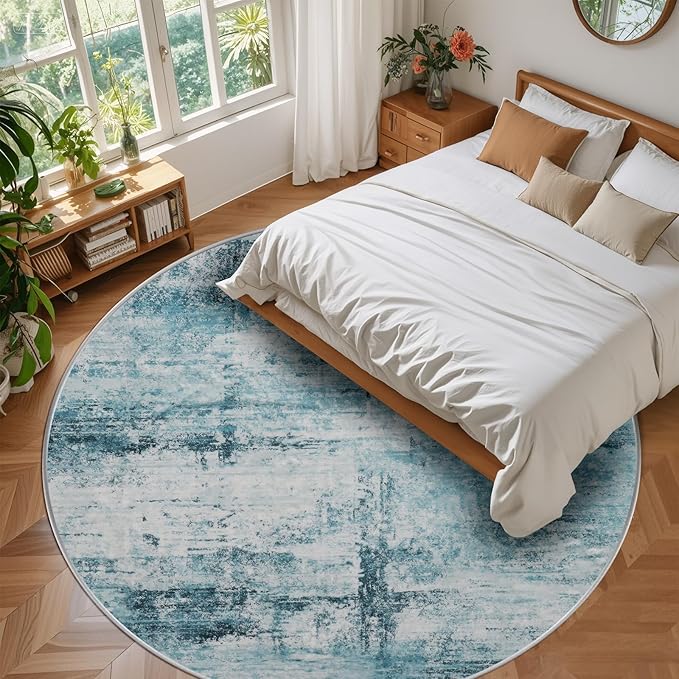 Round 4ft Area Rug Modern Abstract Washable for Living Room Entryway Dining Room Home Office Teal Gray