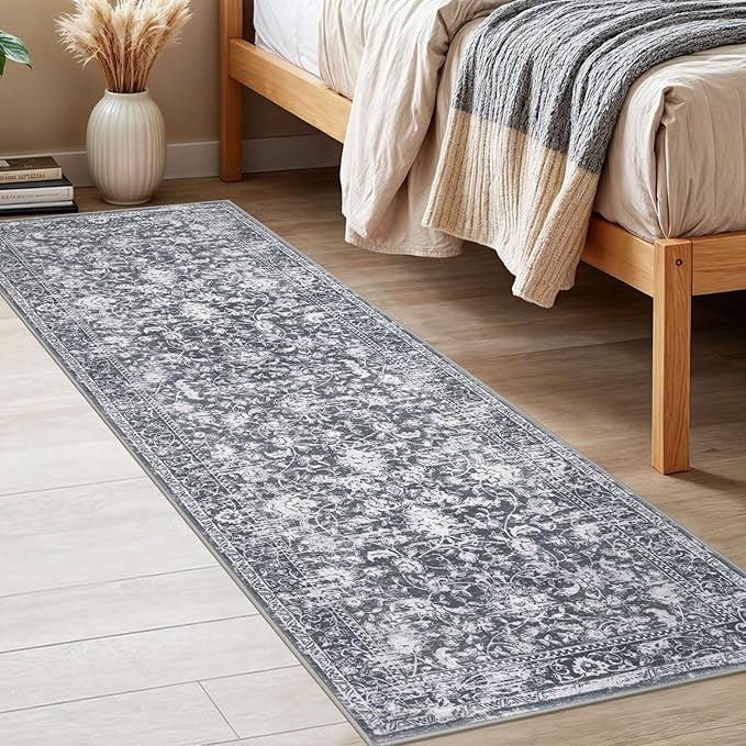 KILOCOCO Hallway Runner 2x6 Rug Runner Printed Vintage Floral Washable Kitchen Runners Non-Slip Rubber Backed Runners for Hallways Laundry Room Distressed Boho Rugs for Entryway Bedroom, Grey