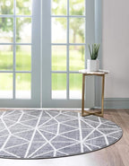 Rugs.com Lattice Trellis Collection Rug – 3 Ft Round Gray Low-Pile Rug Perfect for Kitchens, Dining Rooms