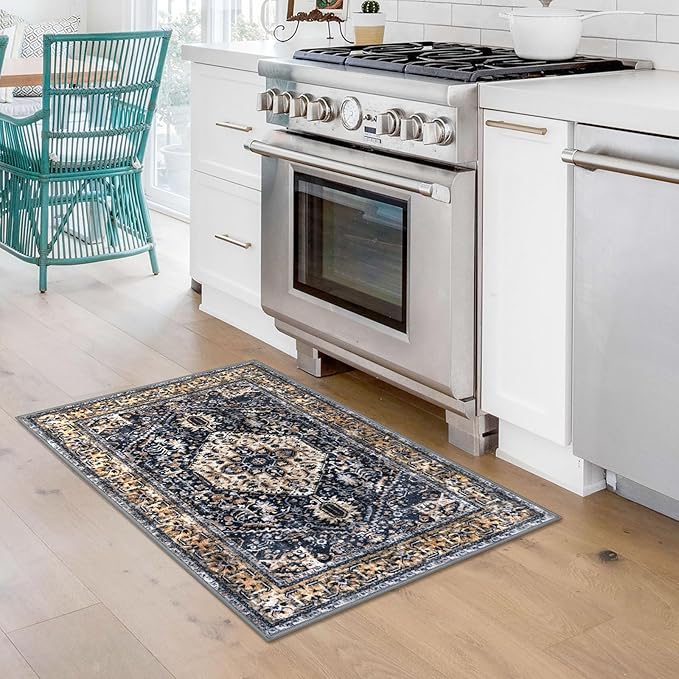 KOZYFLY Small Area Rug 2x3 Ft Rugs for Entryway Washable Boho Entry Rug Non Slip Door Mat Indoor Gold Navy Printed Faux Wool Vintage Kitchen Rug Throw Rugs for Entrance Kitchen