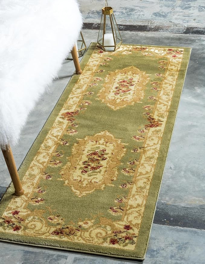 Rugs.com Chateau Collection Rug – 2' x 7' Runner Green Medium Rug Perfect for Hallways, Entryways