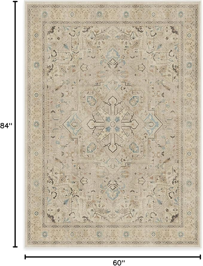 RUGGABLE Washable Vintage Area Rug – Kamran Ivory Opal 5x7, Stain-Resistant, Non-Slip – Medium Machine Washable Rugs for Living Room, Bedroom, Hallway, Entryway & Office–with Standard Pad