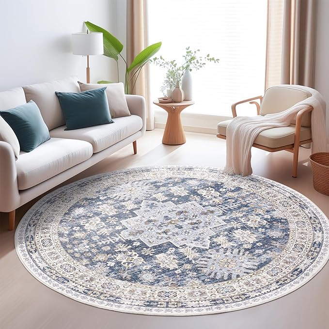 zesthome Washable Round Area Rugs - Non-Slip 6ft Round Rugs, Ultra-Thin Large Circle Rugs for Living Room, Soft Low Pile Rug for Bedroom, Kitchen, Nursery - Vintage Stain Resistant Round Rug