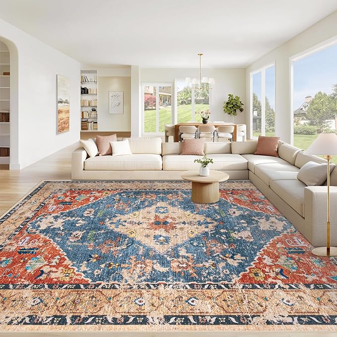 Area Rug 9x12 Washable Rug, Vintage Boho Medallion Rugs Non-Slip Soft Low Pile Large Distressed Rug Indoor Retro Carpet for Living Room Bedroom Dining Room Home Office (Tribal Medallion/Multi, 9'x12')