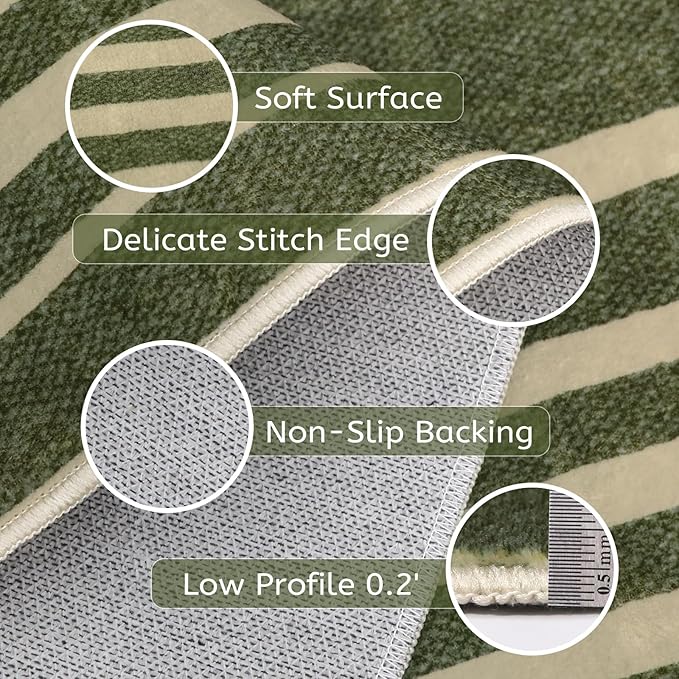 Beeiva Striped Modern Bathroom Runner, 2.5x8 Green Washable Runners for Hallways Entryway, Bohemian Non Slip Non Shedding Low Pile Carpet for Porch, BedroomIndoor Kithchen Laundry Room Porch Bedroom