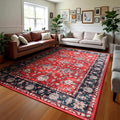 Area Rug for Living Room, 9x12 Machine Washable Non Slip Large Faux Wool Throw Rug, 0.3″ Low Pile & Non-Shedding Boho Large Carpet Rugs for for Dining Room, Bedroom, Office (Black Red)