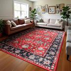 Area Rug for Living Room, 9x12 Machine Washable Non Slip Large Faux Wool Throw Rug, 0.3″ Low Pile & Non-Shedding Boho Large Carpet Rugs for for Dining Room, Bedroom, Office (Black Red)