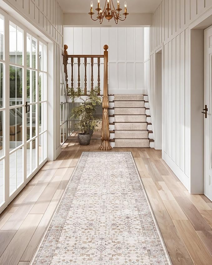LUMI Runner Rug 3x8, Washable Non-Slip Hallway Throw Rugs, Long Soft Thin Vintage Oriental Kitchen Mats, Low-Pile Indoor Kitchen Entryway Area Rug, Beige