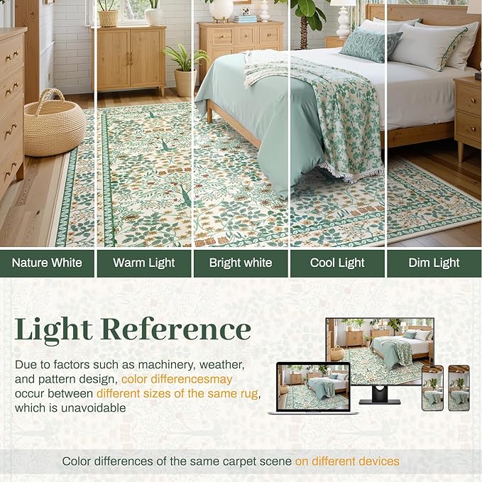 5x7 Area Rugs Living Room Rug - Floral Vintage Morris-Inspired Washable Carpet, Low Pile Non-Shedding Stain Resistance Boho Soft Carpet for Bedroom, Dining Room, Office, Farmhouse (5'x7' Beige Green)