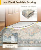 Area Rugs 3'x5' Washable Non-Slip, Floral Vintage Distress Print Pattern Medallion Carpet for Living Room Bedroom Dining Room, Blue Orange Red