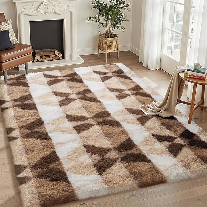 4x6 Area Rugs for Living Room Bedroom, Soft Fluffy Shaggy Bedside Rug, Indoor Floor Carpet for Kids Playroom, Dorms, Nursery Rooms, Home Decor (Coffee Ombre 4'x6')