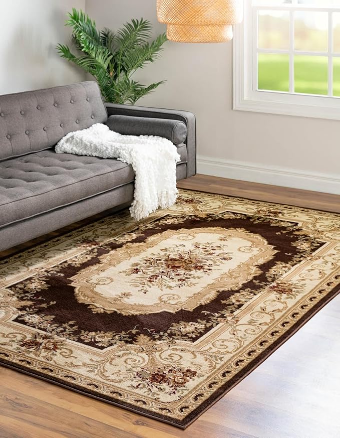 Rugs.com Chateau Collection Rug – 7' 10 x 11' Brown Medium Rug Perfect for Living Rooms, Large Dining Rooms, Open Floorplans