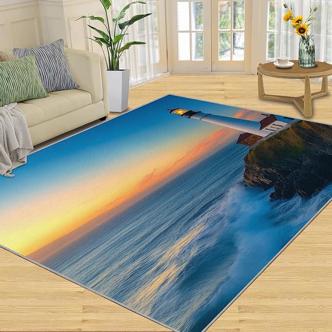 Coastal Rugs for Bedroom - 4x5 Area Rug - Ocean Lighthouse Rugs for Living Room, Sunset Ocean Scenery Rug, Non-Slip Washable Home Decor Carpet