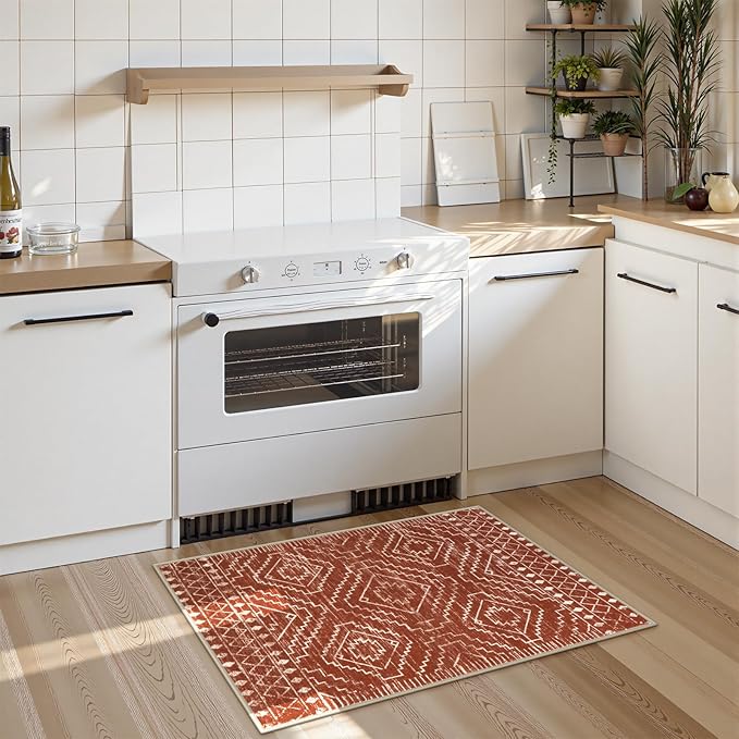 Wonnitar Moroccan Bathroom Rug,Washable 2x3 Small Bath Mat, Boho Tribal Soft Kitchen Sink Mat, Non-Slip Geometric Entry Way Rug, Low-Pile Indoor Carpet for Bedside Entrance Laundry (Brown,2'x3')