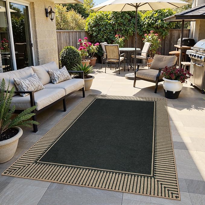 Moynesa Striped Border Easy Jute Outdoor Rug 4x6, Washable Indoor Outdoor Patio Area Rugs for Balcony Backyard Non Slip, Modern Classic Farmhouse Carpet for Living Room, Black
