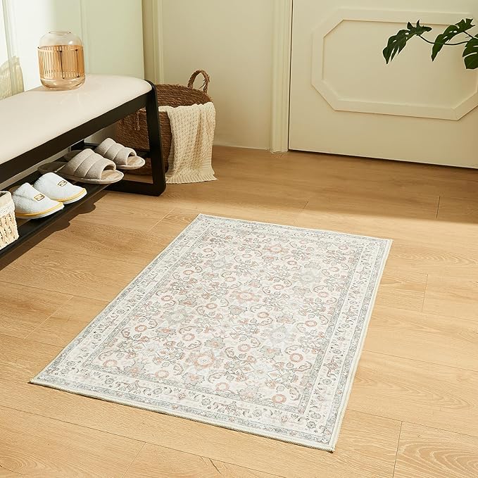 WITSHOCK Washable 2x3 Entryway Area Rug: Soft Non-Slip Backing Washable Rugs Vintage Flower Boho Accent Small Rugs for Bedroom, Kitchen, Bathroom, Nursery Entrance,Camel