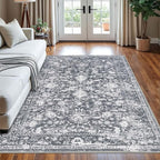 KILOCOCO Area Rug 5x7 Living Room Rug Washable Printed Vintage Floral Non Slip Soft Rubber Backed Indoor Bedroom Rugs for Laundry Room Kitchen Playroom Moroccan Area Rugs, Grey