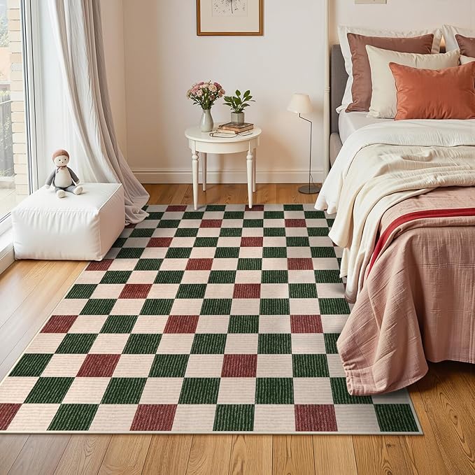 Machine Washable 5x7 Area Rugs for Living Room Clearance Checkered, Non Slip Low Pile Farmhouse Modern Neutral Playroom Boys Rugs for Bedroom, Carpet Rugs for Dining Room(Red,5'x7')