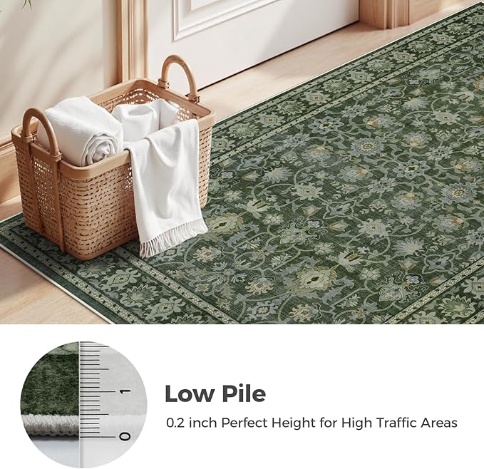 LIVEBOX Washable Area Rug 8x10 - Large Green Boho Living Room Rug Vintage Rugs for Bedroom, Non-Slip Retro Floral Carpet Print Distressed Accent Rugs for Dining Room Home Office