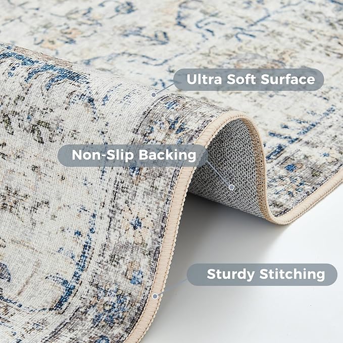 jinchan Kalen Round Rug 4ft Area Rug Entryway Washable Vintage Indoor Retro Floor Cover Distressed Floral 4' Round Circle Boho Non Slip Thin Carpet for Kitchen Bedroom Living Room Dining Room Blue