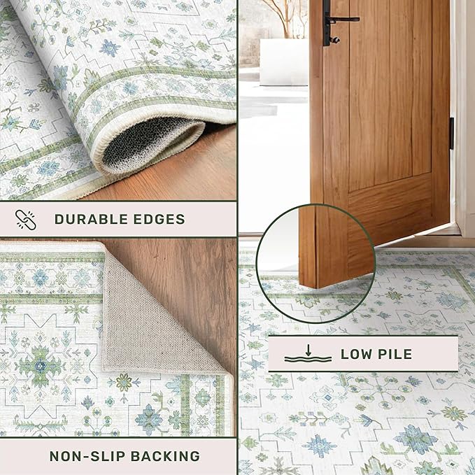 Oushak Runner 2x10 Hallway Rug - Floral Pastel Boho, Washable Low Pile Non Slip Extra Long Runner Rugs for Kitchen, Hall Way - Cream Blue and Green