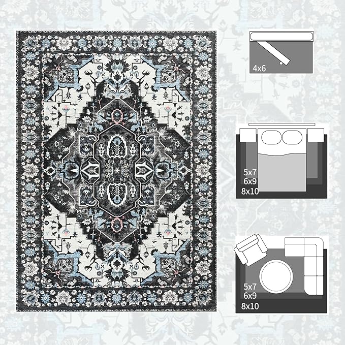 Area Rugs 6x9 for Living Room, Bedroom, Washable Vintage Rugs -Low Pile Distressed Rugs for Kitchen, Dining Room, Water Repellent & Non Shedding, Black and Blue