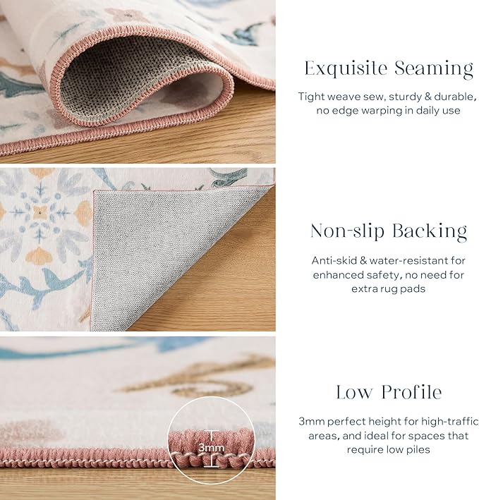 Phantoscope Washable Area Rug 6'x9' Non-Slip, Vintage Floral Boho Rugs for Living Room, Bedroom, DiningRoom, Soft Botanical Moroccan Pattern, Low-Pile Foldable Floor Carpet, Ivory Pink/Boho Garden