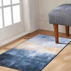 Phantoscope Washable Runner Rug 2'x3' Non-Slip, Vintage Boho Hallway Rugs for Entryway, Stair, Bedroom, Dining Room, Distressed Sunrise Pattern, Low-Pile Foldable Floor Carpet, Navy Blue/Beige