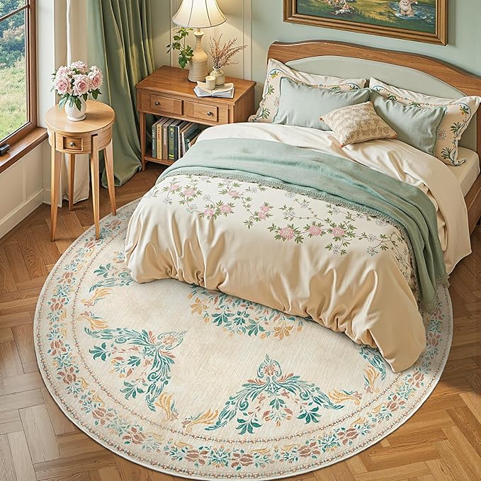jinchan Round Rug 8ft Area Rug Vintage Floral Distressed Design Machine Washable Soft Non-Slip Low-Pile Ultra-Thin Circle Rug for Living Room Dining Room Bedroom Home Office (8' Round, Apricot Multi)
