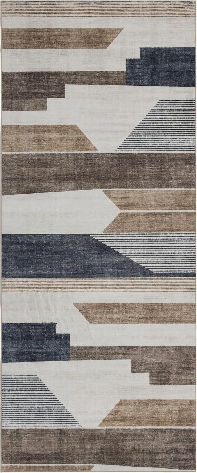 ReaLife Rugs Machine Washable Area Rug Runner - Living Room Bedroom Bathroom Kitchen Entryway Office - Non-Slip Baking Low Pile Stain Resistant Premium - Modern Geometric - Theo - Beige 2'6" x 8'