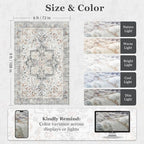 Farmhouse 6x9 Area Rugs for Living Room, Low Pile Thin Washable Non Slip Rugs for Bedroom Dining Room, Distressed Medallion Printed Soft Carpet for Home Office Guest Room, Grey/Orange-Brown