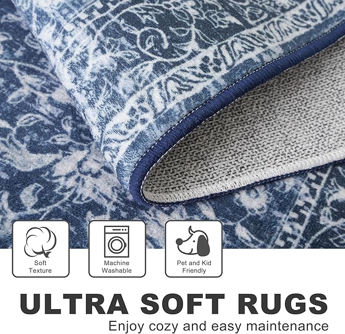 KILOCOCO Area Rug 3x5 Washable Entryway Rug Printed Vintage Floral Rubber Backed Non Slip Indoor Blue Kitchen Rugs for Living Room Laundry Room Playroom Mudroom Moroccan Area Rugs