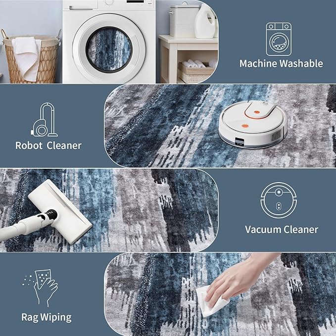 Ciicool Modern Abstract Rug for Living Room, 10'x14' Machine Washable Area Rug Non-Slip Rug, Low-Pile Contemporary Indoor Dining Floor Carpet for Bedroom Office Under Table Home Decor Navy Grey