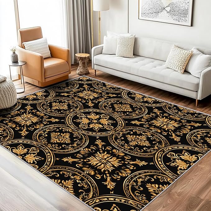 Black Gold Baroque Rug, Washable 5x6 Rug for Living Room, Floral Geometric Patterned Indoor Carpet, Black Gold Baroque Decor for Home, Bedroom, Soft Non Slip Thin Design FER67