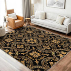Black Gold Baroque Rug, Washable 5x6 Rug for Living Room, Floral Geometric Patterned Indoor Carpet, Black Gold Baroque Decor for Home, Bedroom, Soft Non Slip Thin Design FER67