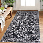 Vintage Floral 3x5 Rug, Black and White Entryway Rug Small Area Rug Washable Non-Slip Throw Rug, Thin Printed Faux Wool Low-Pile Kitchen Rugs Super Soft Capet for Entrance Bedroom Office