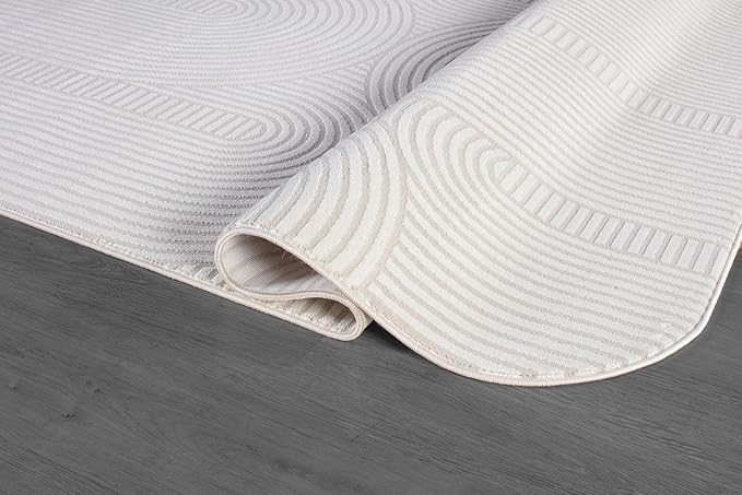 Beverly Rug Modern Geometric Area Rug 8x10 Low-High Pile Durable Soft Abstract Semi-Circles Indoor Rugs for Living Dining Room Office Stain Resistant Non Shedding Indoor Carpet Beige White 8 x 10