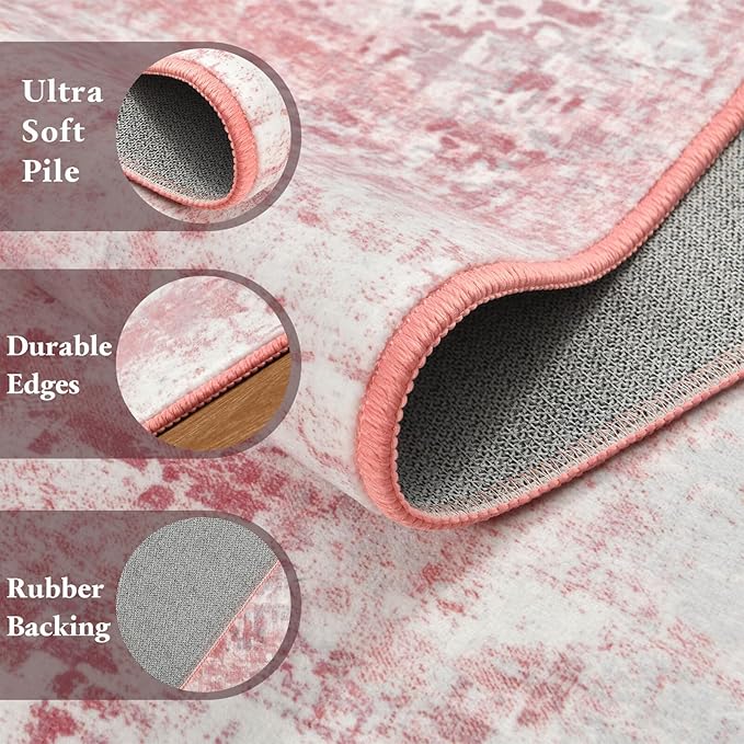 Washable Abstract Rug, 8x10 Modern Area Rugs with Non-Slip Rubber Backed for Living Room, Thin but Soft Contemporary Carpet Kitchen Bedroom Dining Room Decor, Pink