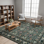 6x9 Black and Green Floral Area Rug for Living Room, Washable Non Slip Rugs for Bedroom Non Slip, Low Pile Large Indoor Accent Carpet for Office, Dining Room, Farmhouse