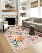 Boho Washable Area Rug 5x7 – Floral Low Pile Non-Slip Carpet for Living Room, Bedroom, Office, Playroom, Entryway, Kitchen, Dining Room (Beige)
