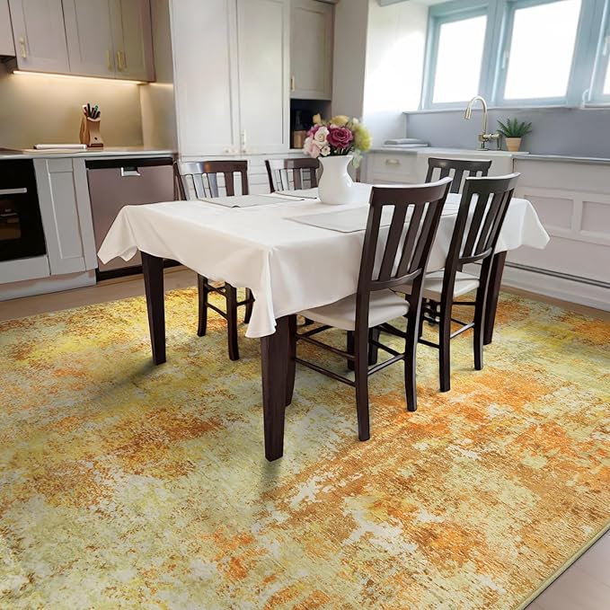 Washable Area Rugs for Living Room 8x10 - Large Neutral Modern Abstract Rug, Soft Low Pile Carpet with Non Slip Backing for Under Dining Room Table, Bedroom, Home, Office, Dorm - Yellow Brick