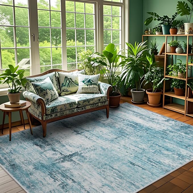 9x12 Abstract Area Rugs for Living Room, Modern Teal Grey Washable Indoor Rug for Bedroom, Thin Soft Large Non-Slip Carpet for Dining Room Home Office Farmhouse Decor - Teal+Gray