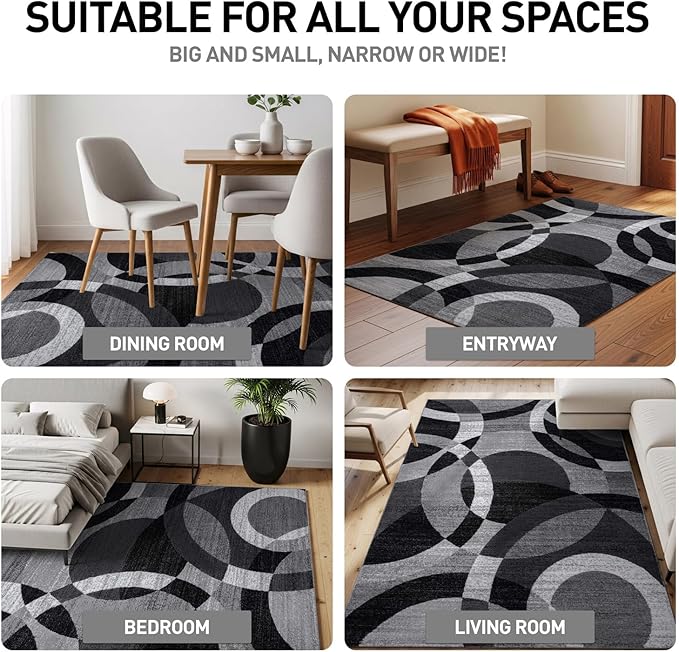 Rugshop Gray Modern Geometric Area Rug, Abstract Circles, High-Traffic, Non-Shedding, for Bedroom, Home Office and Small Living Room, 3'3" x 5'