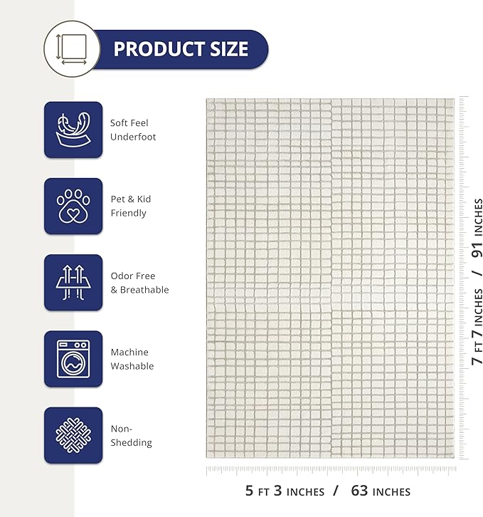 Abani Cream Grid Textured Area Rug - 5 x 8' - Chunky, Plush and Soft Washable Carpet - Perfect for Living Room & Bedroom - Plush Deco Collection