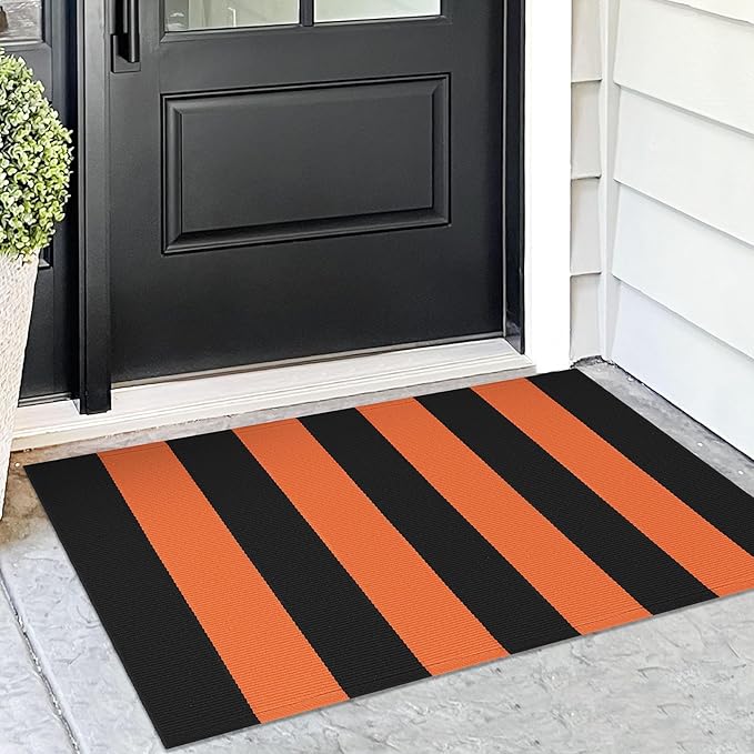 KOZYFLY Orange and Black Striped Rug Doormat 2x3 Ft Halloween Fall Cotton Woven Washable Indoor Outdoor Rugs for Layered Door Mats Porch/Kitchen/Farmhouse
