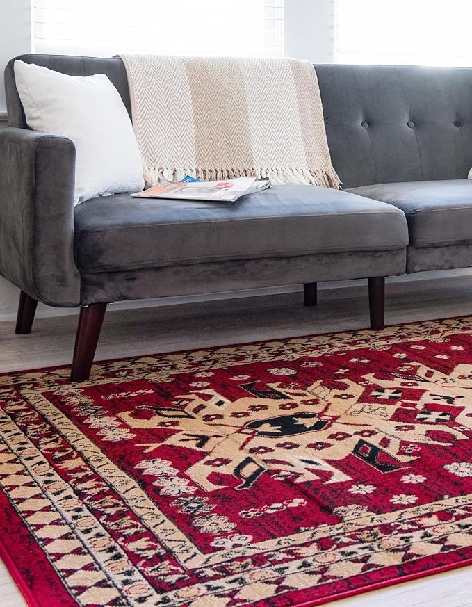Unique Loom Taftan Collection Border Geometric Tribal Inspired Design Area Rug (7' 0 x 10' 0 Rectangular, Red/ Gold)