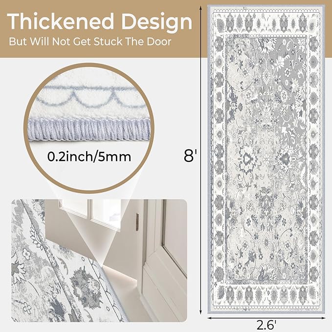 Kitchen Runner Rug 2.6x8 Washable Runner Rug Vintage Entryway Hallway Runner Rugs with Non Slip Rubber Backing Distressed Area Rug Runners Carpet for Farmhouse, Living Room, Bedroom, Laundry